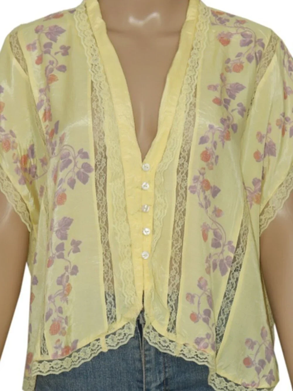 Free People Marigold Printed Shine Lace Top Yellow Buttondown Lace S